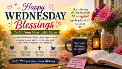 Happy Wednesday blessings image with sunrise, Bible, coffee, flowers, and an inspiring message of hope, faith, and peace.