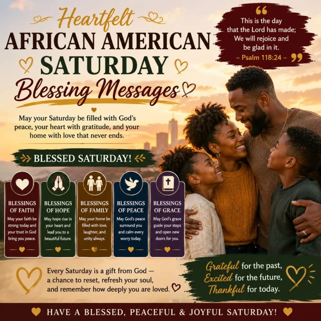 Heartfelt African American Saturday blessing messages with a joyful family, faith, hope, peace, and God's love.