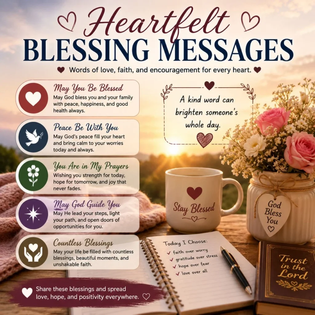 Heartfelt blessing messages infographic with inspirational prayers, flowers, journal, and stay blessed coffee mug
