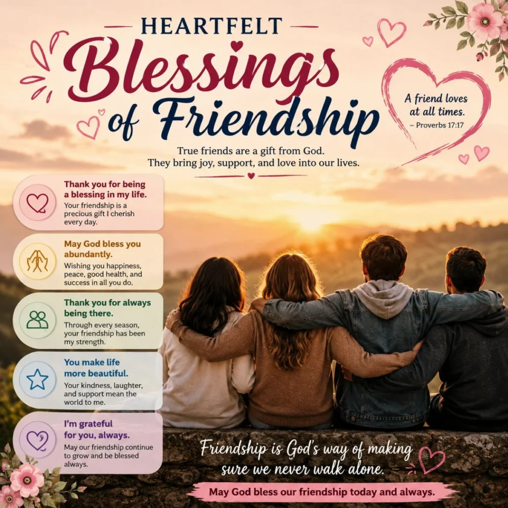 Heartfelt blessings of friendship messages with friends at sunset, inspirational Bible verse, and thankful friendship quotes