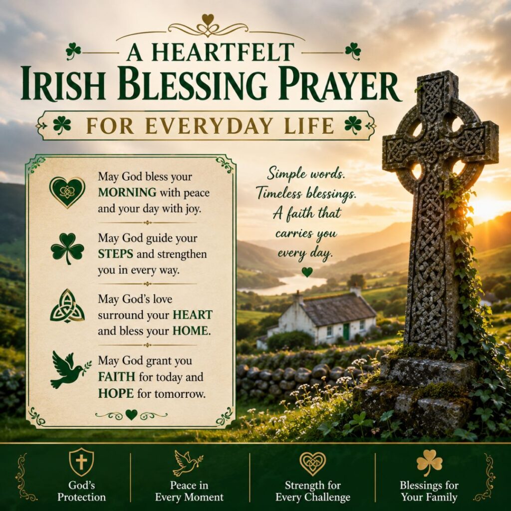 A heartfelt Irish blessing prayer for everyday life with a Celtic cross, peaceful countryside, and inspiring words of faith