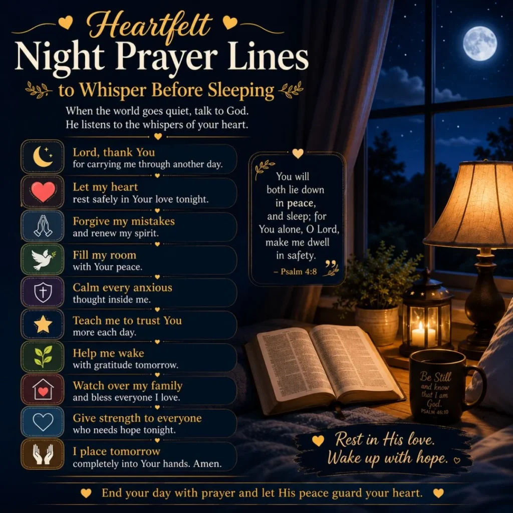 Heartfelt night prayer lines with a Bible, moonlit bedroom, and peaceful bedtime prayers for comfort and restful sleep.