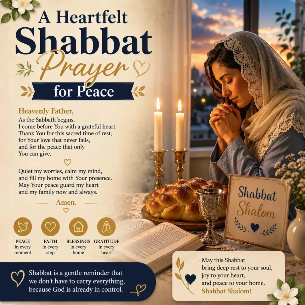 Woman praying during Shabbat with candles and challah, sharing a heartfelt Shabbat prayer for peace and spiritual comfort.