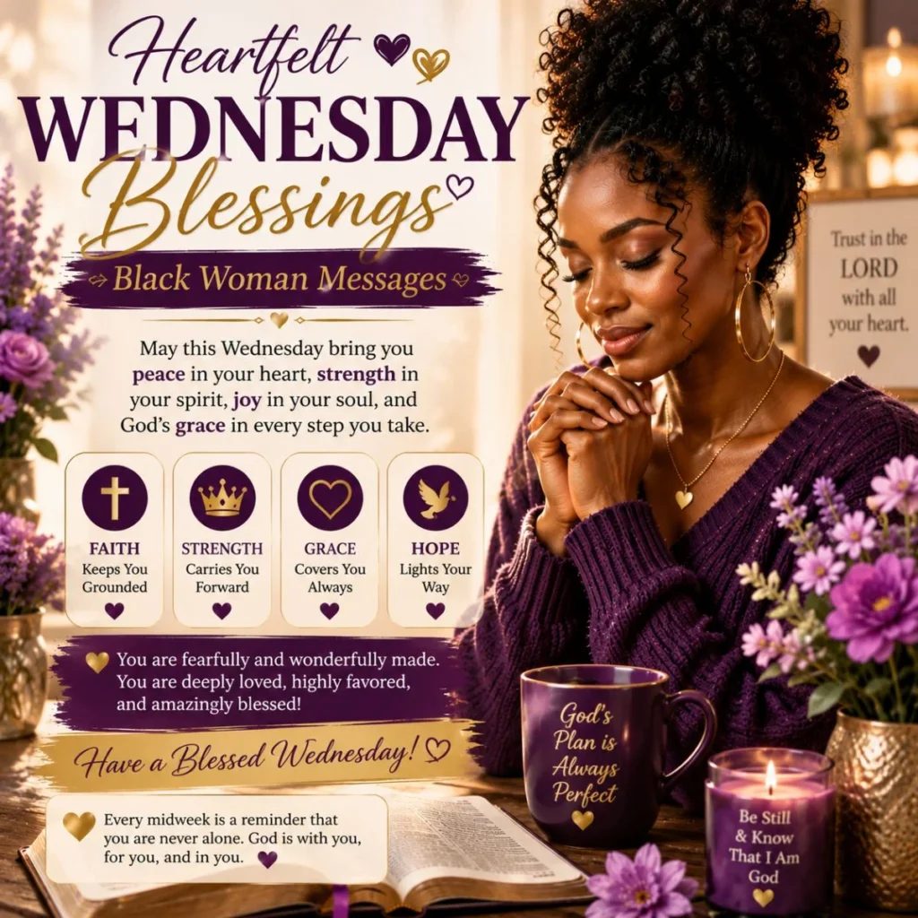 Heartfelt Wednesday blessings Black woman messages with prayer, faith, grace, hope, and uplifting midweek encouragement.