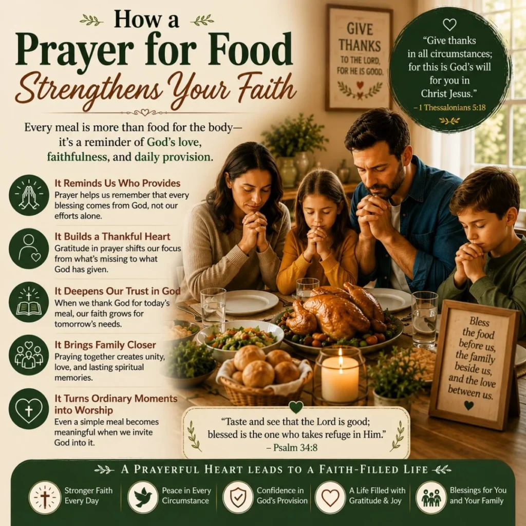 Family praying before a meal, showing how a prayer for food strengthens faith, gratitude, and trust in God's provision.