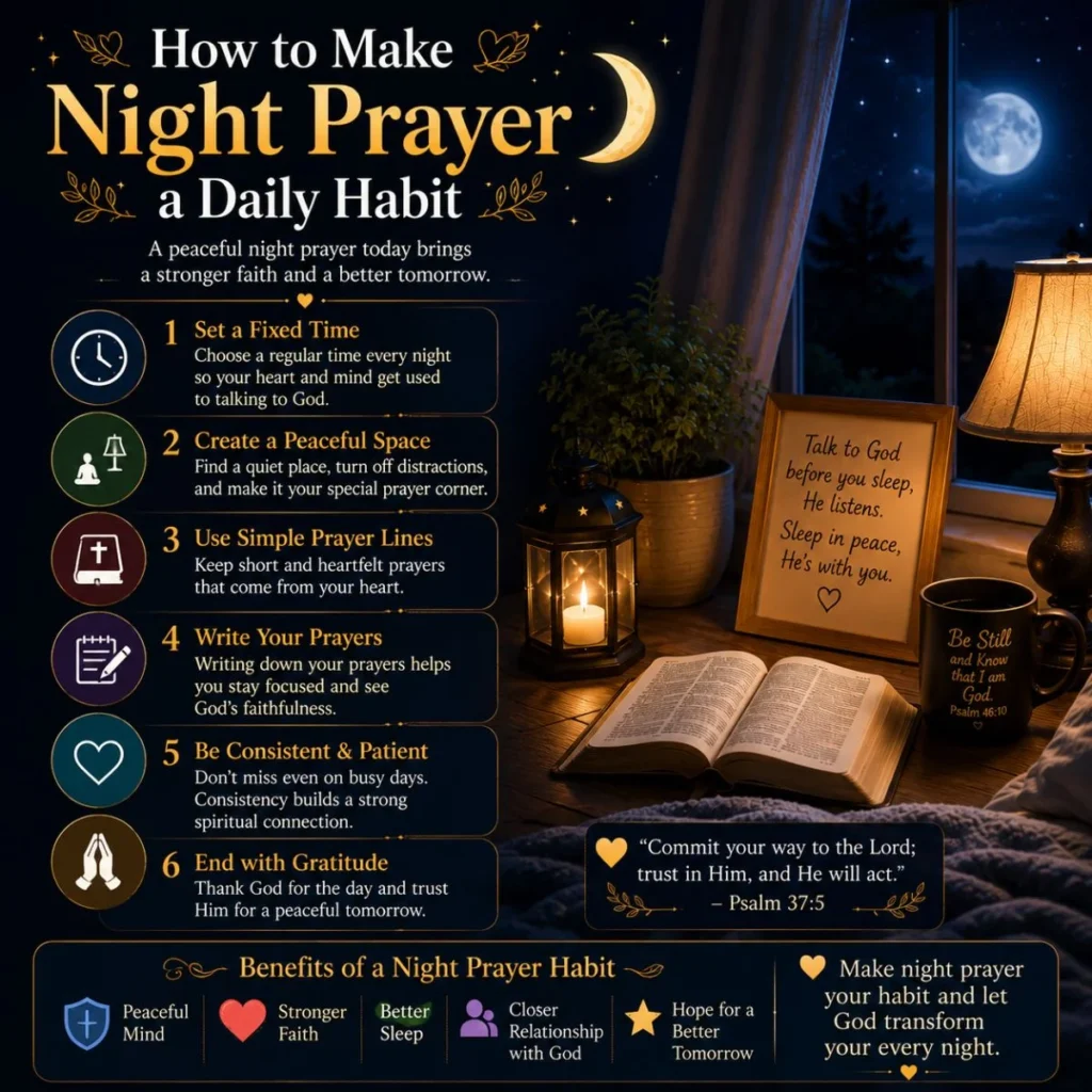 How to make night prayer a daily habit with a Bible, lantern, moonlit bedroom, and peaceful bedtime prayer routine.