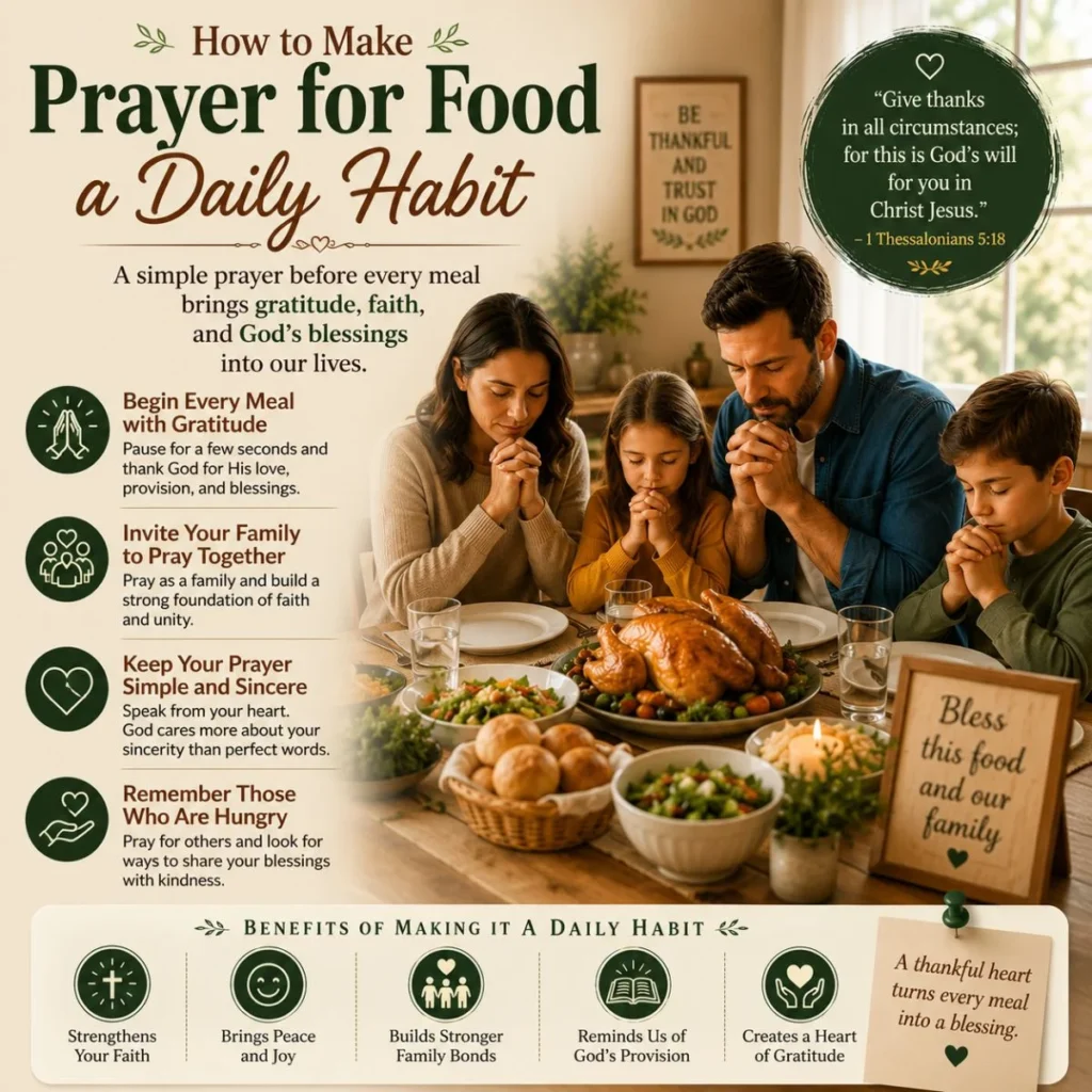 Family praying before a meal, showing how to make prayer for food a daily habit through gratitude and faith.