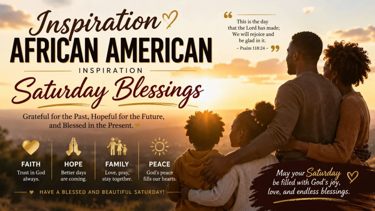 African American family enjoying a sunrise with inspiration African American inspiration Saturday blessings and faith message.