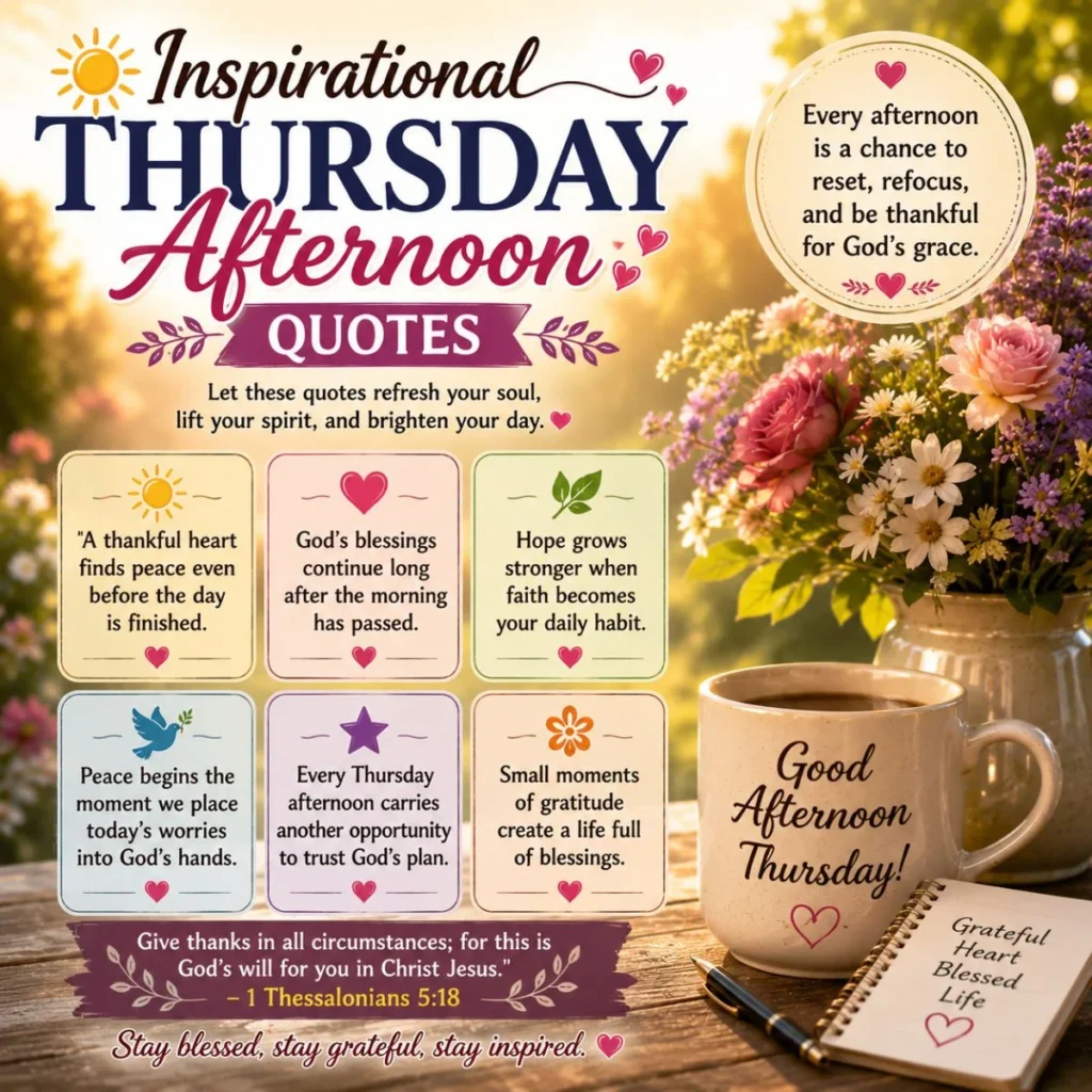 Inspirational Thursday afternoon quotes with flowers, coffee, Bible verses, and peaceful blessings for faith and gratitude.