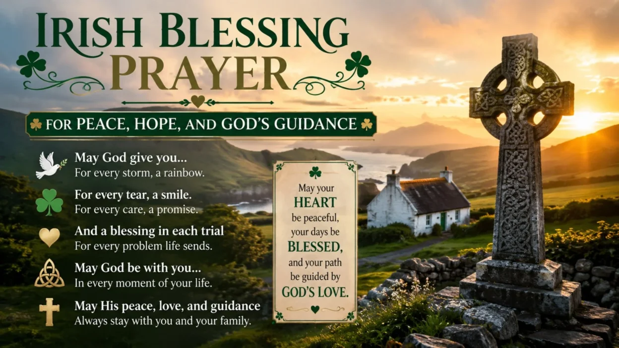 Irish Blessing Prayer for peace, hope, and God's guidance over a Celtic cross in a beautiful Irish countryside at sunrise