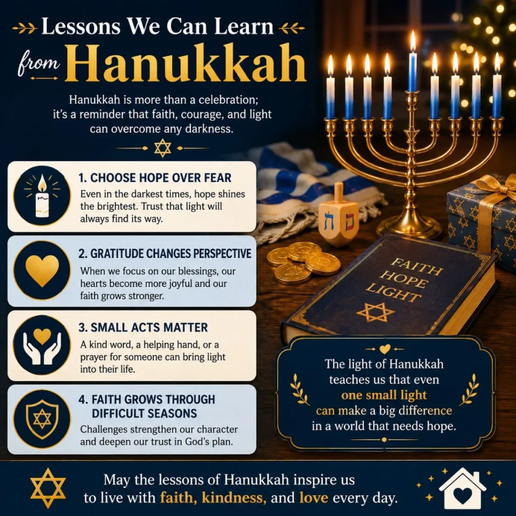 Lessons we can learn from Hanukkah featuring a glowing menorah, faith, hope, gratitude, and spiritual encouragement.