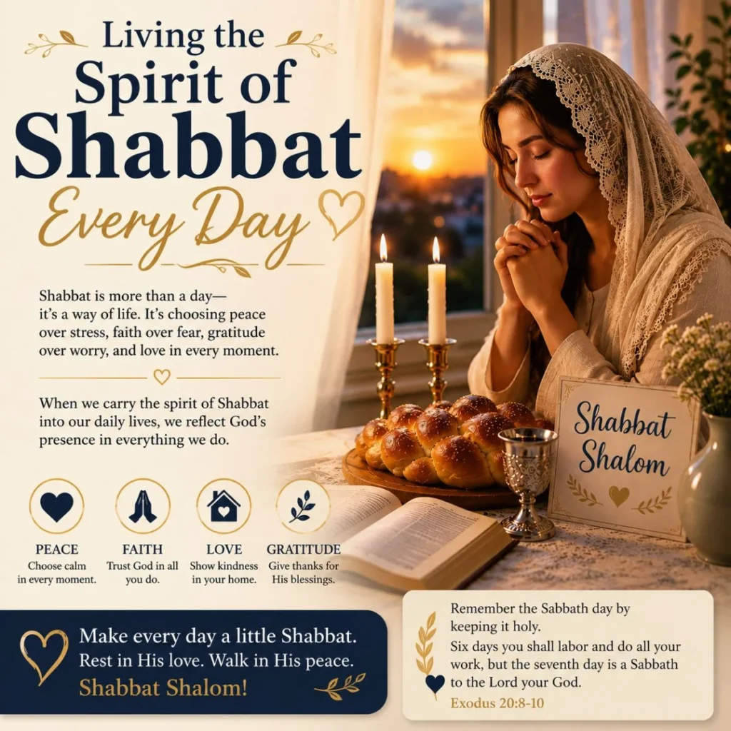 Woman praying during Shabbat with candles and challah, inspiring believers to live the spirit of Shabbat every day.