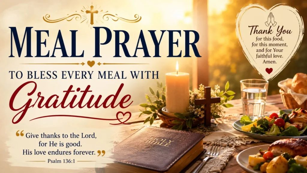 The spiritual importance of giving thanks before meals with prayer, Bible verse, family dinner, cross, and gratitude.