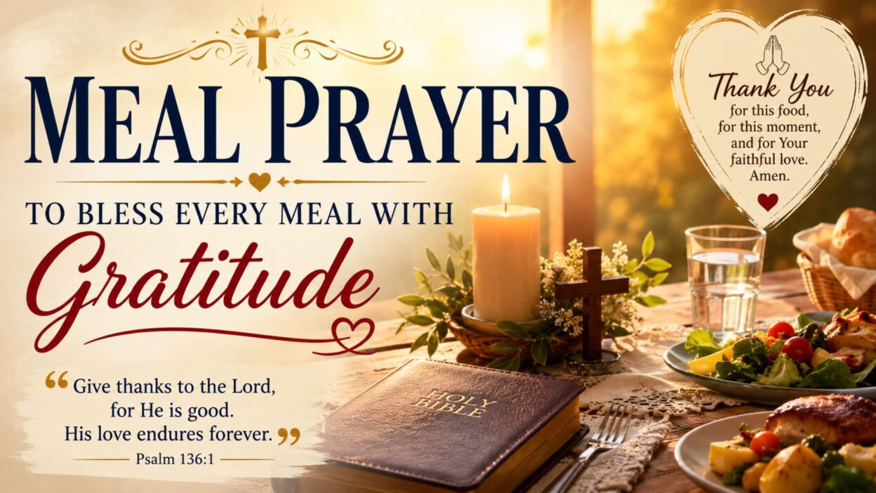Meal prayer with Bible, cross, candle, and dinner table celebrating gratitude, faith, and God's blessings before every meal.