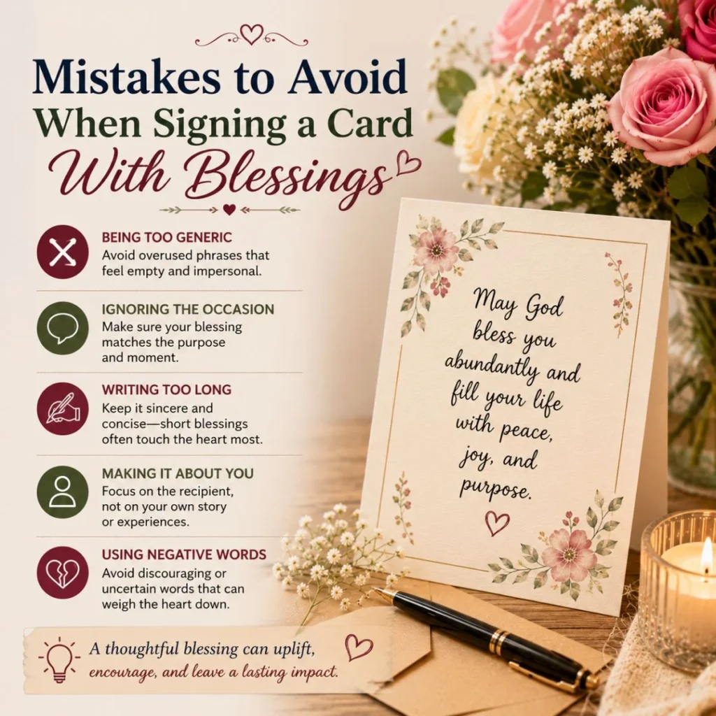 Infographic showing mistakes to avoid when signing a card with blessings with a heartfelt greeting card design.