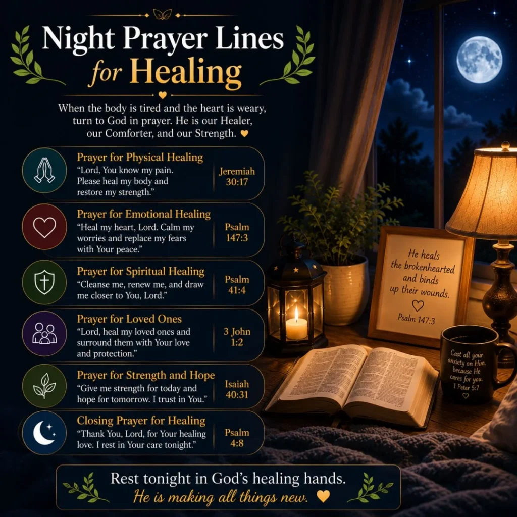 Night prayer lines for healing with a Bible, lantern, moonlit bedroom, and comforting bedtime prayers for peace and hope.