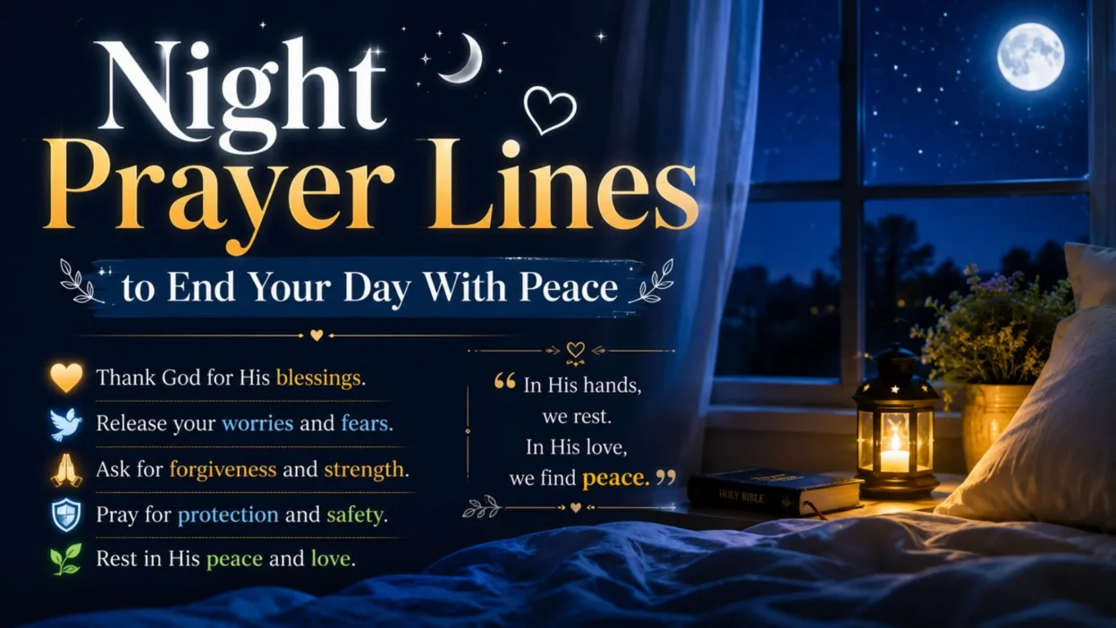 Night prayer lines with a peaceful bedroom, moonlit window, Bible, and lantern for restful sleep and evening prayer.