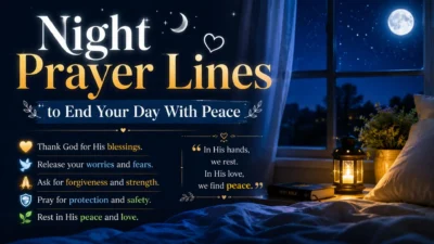 Night prayer lines with a peaceful bedroom, moonlit window, Bible, and lantern for restful sleep and evening prayer.