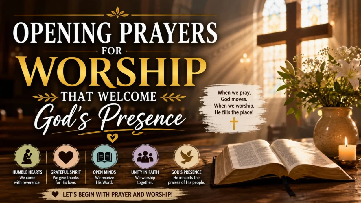 Opening prayers for worship with a church cross, open Bible, candle, and peaceful light welcoming God's presence.