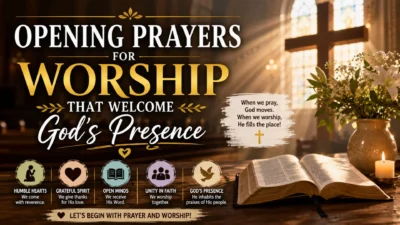 Opening prayers for worship with a church cross, open Bible, candle, and peaceful light welcoming God's presence.