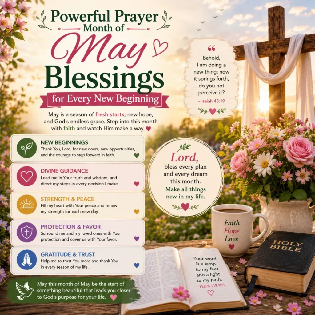 Powerful Prayer Month of May Blessings with cross, Holy Bible, spring flowers, and prayers for new beginnings and hope.