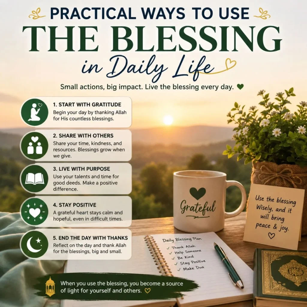 Practical ways to use blessings in daily life infographic with gratitude journal, coffee mug, and inspirational tips