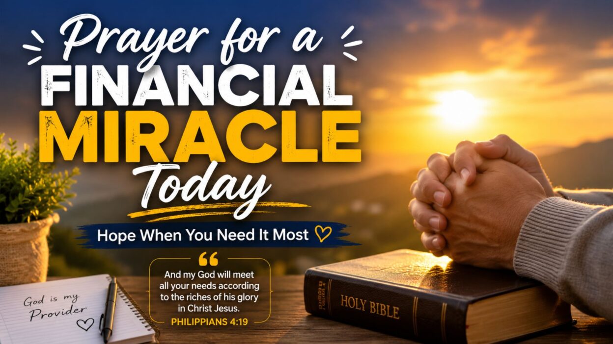 Prayer for a financial miracle today with hands praying over an open Bible at sunrise, symbolizing hope and God's provision.