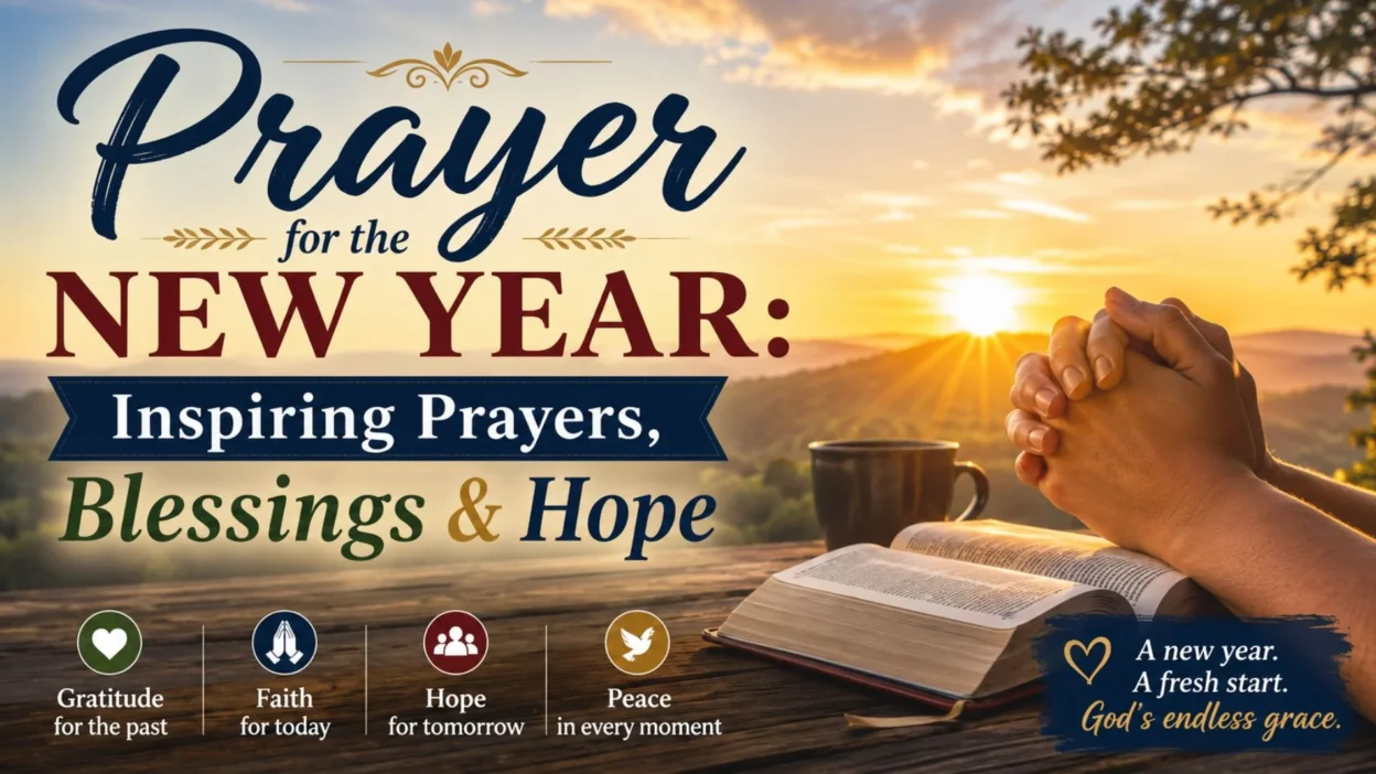 Prayer for the New Year with praying hands, open Bible, sunrise, and inspiring blessings for hope and faith