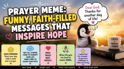Prayer meme with funny faith-filled messages, Bible, coffee mug, and sunrise inspiring hope, prayer, and daily encouragement.