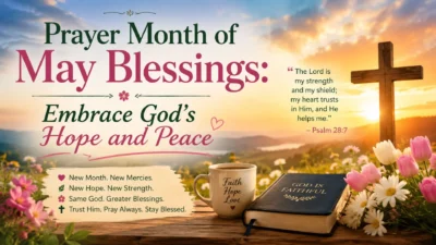 Prayer Month of May Blessings with sunrise, cross, Bible, spring flowers, and an inspiring prayer for hope and peace.