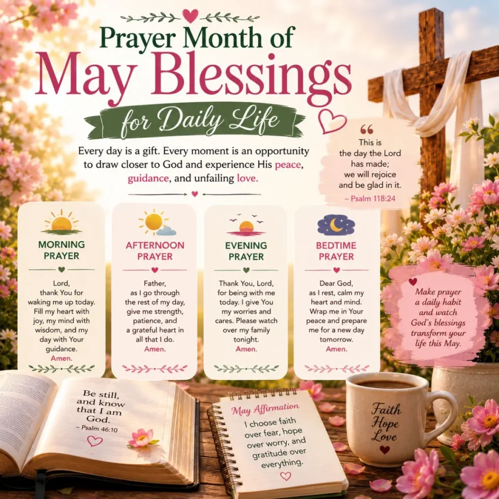Prayer Month of May Blessings for Daily Life with morning, afternoon, evening, bedtime prayers, cross, and Bible.