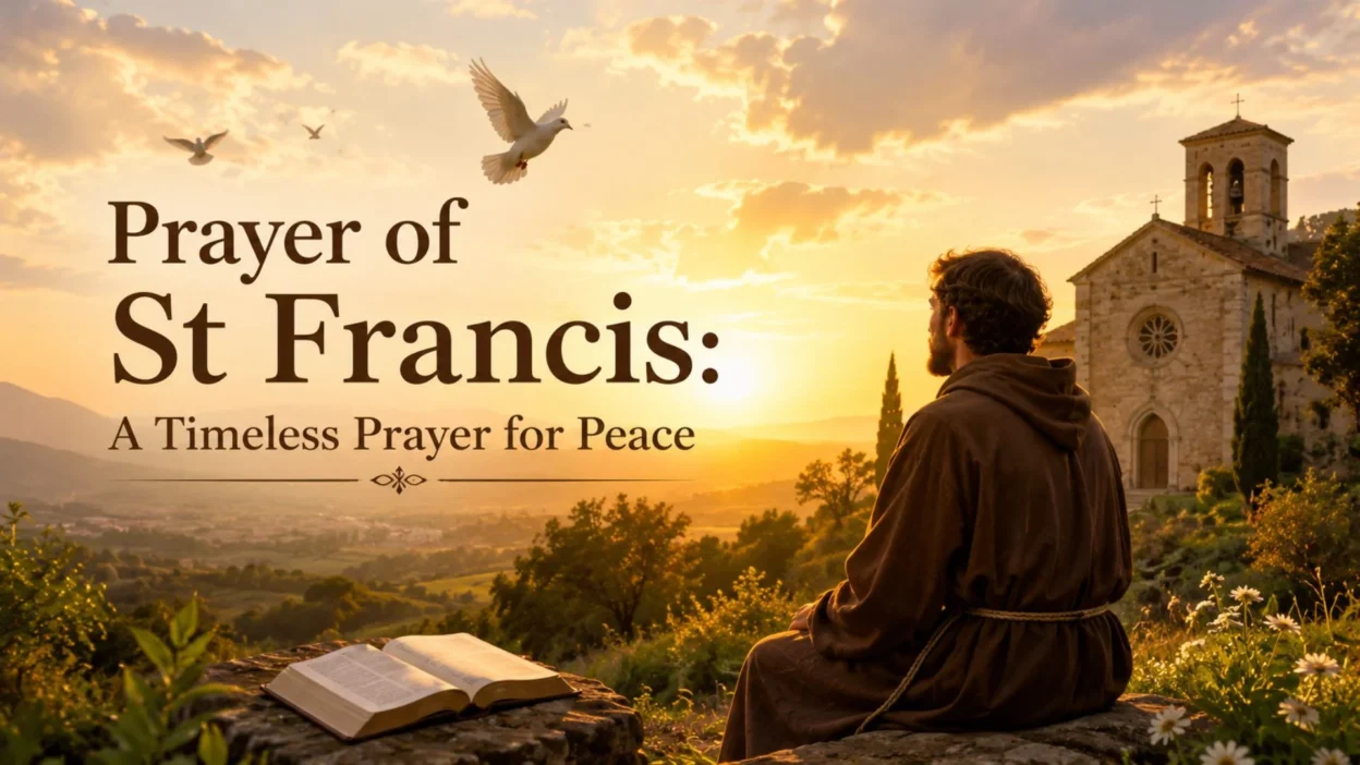 Prayer of St Francis at sunrise with a peaceful church, open Bible, white dove, and golden light symbolizing faith and peace.