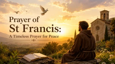 Prayer of St Francis at sunrise with a peaceful church, open Bible, white dove, and golden light symbolizing faith and peace.