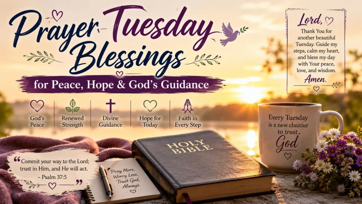 Prayer Tuesday blessings with a sunrise, Holy Bible, coffee mug, and flowers symbolizing peace, hope, faith, and God's guidance.