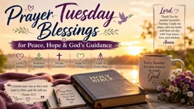 Prayer Tuesday blessings with a sunrise, Holy Bible, coffee mug, and flowers symbolizing peace, hope, faith, and God's guidance.