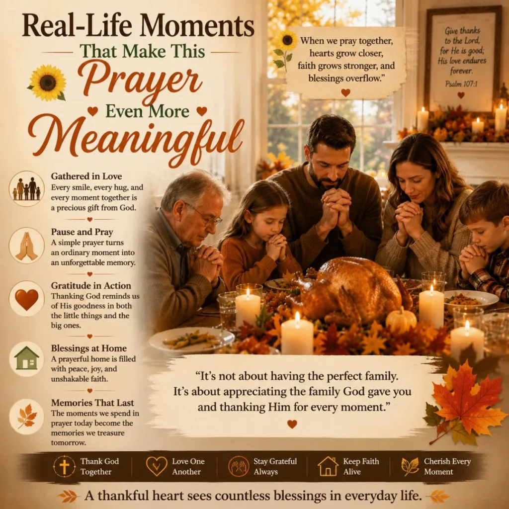 Family praying together before Thanksgiving dinner, celebrating gratitude, faith, and meaningful moments with loved ones.