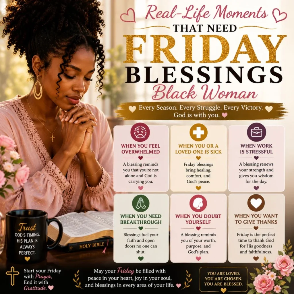 Black woman praying with Bible as Friday blessings bring hope, healing, strength, and peace through real-life moments.