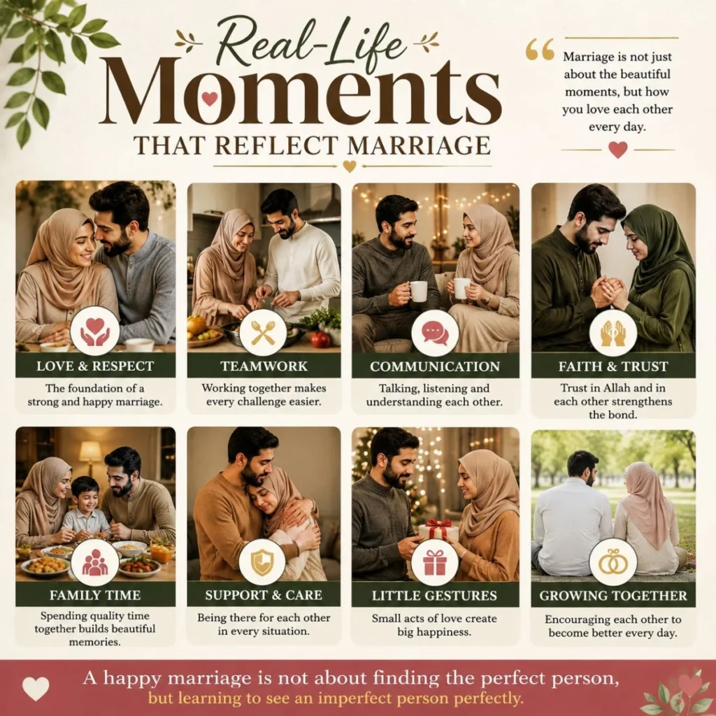 Real-life moments that reflect marriage through love, teamwork, faith, communication, and lasting family connection.