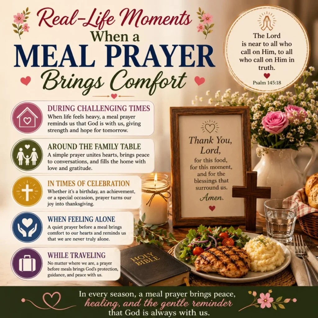 Real-life moments when a meal prayer brings comfort with Bible, family table, cross, gratitude, and Christian faith.