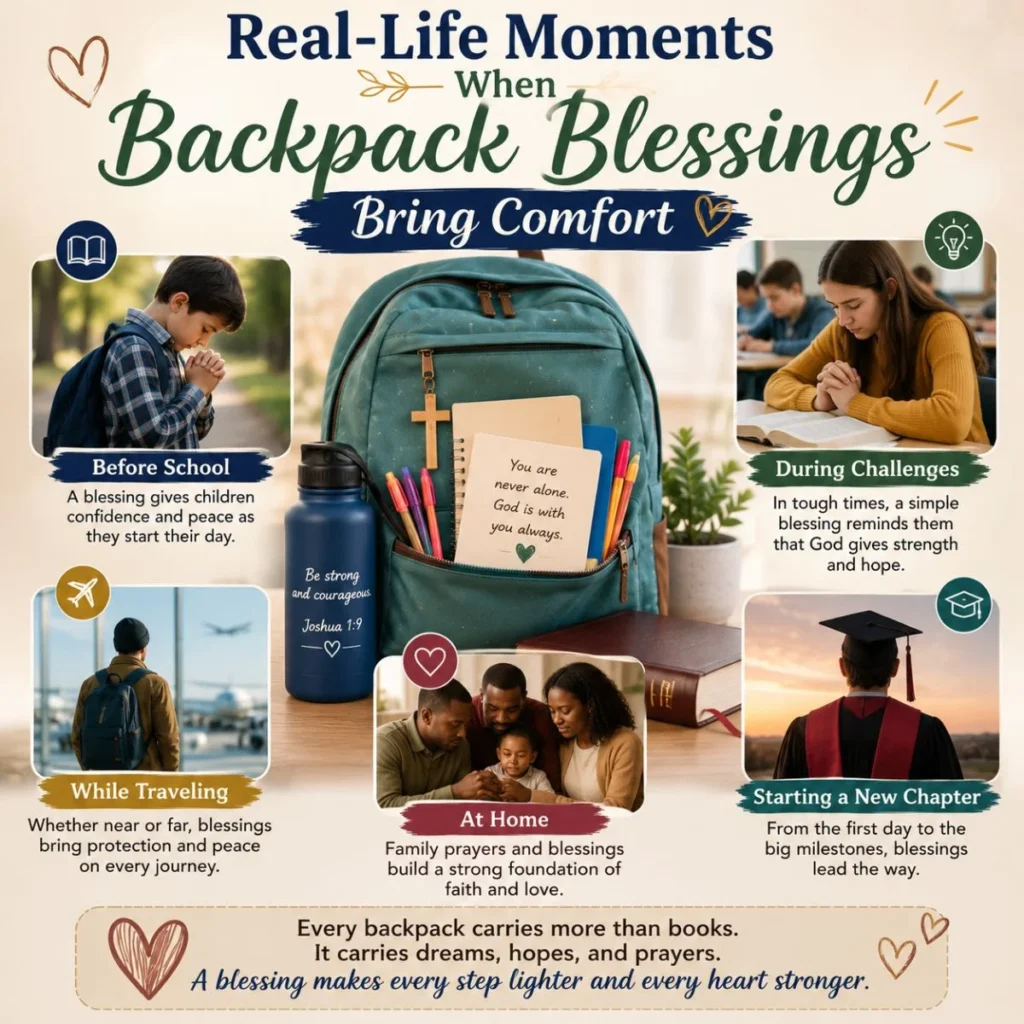 Real-life moments when backpack blessings bring comfort through prayer, school, travel, family, and new beginnings.