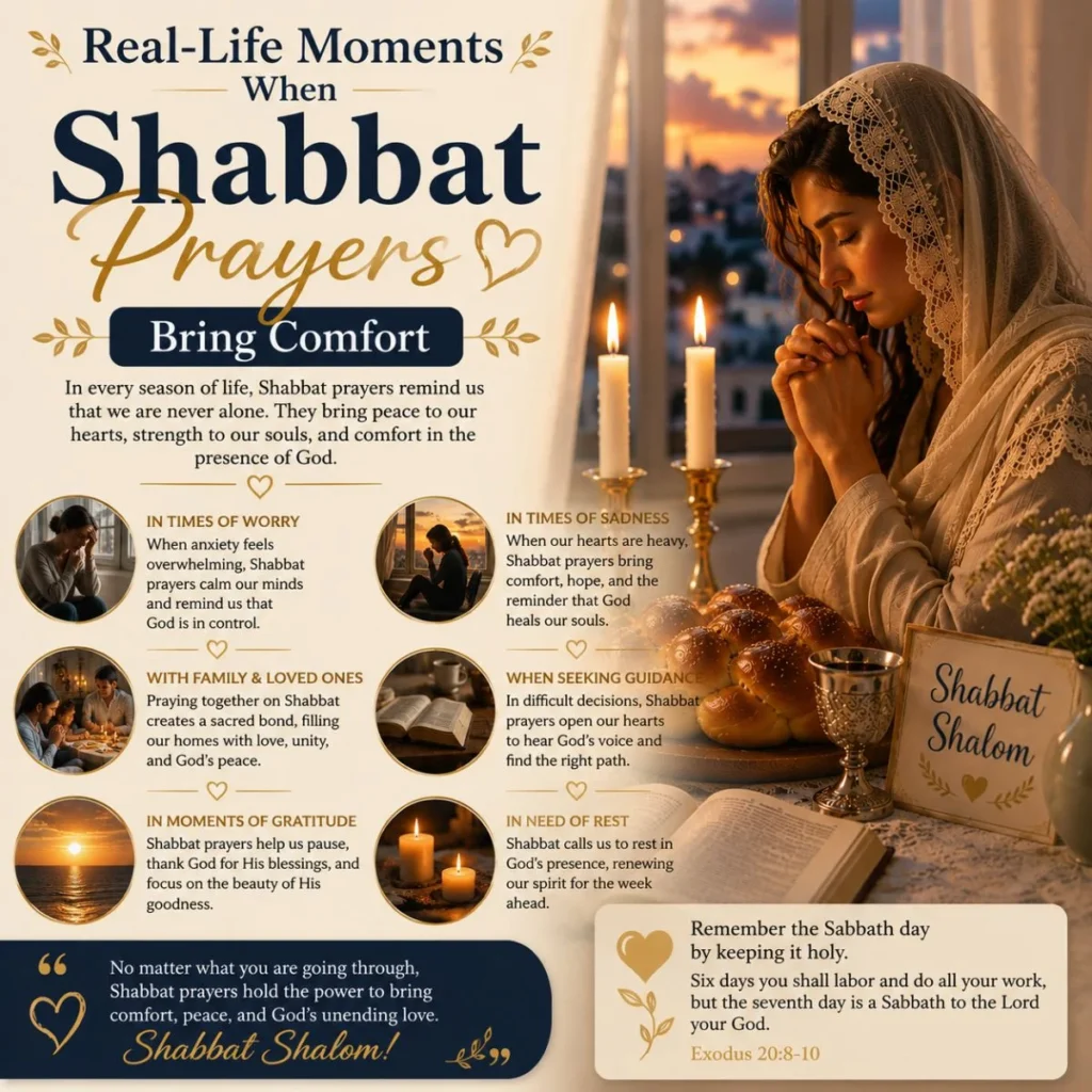 Woman praying during Shabbat with candles and challah, showing how Shabbat prayers bring comfort in everyday life.