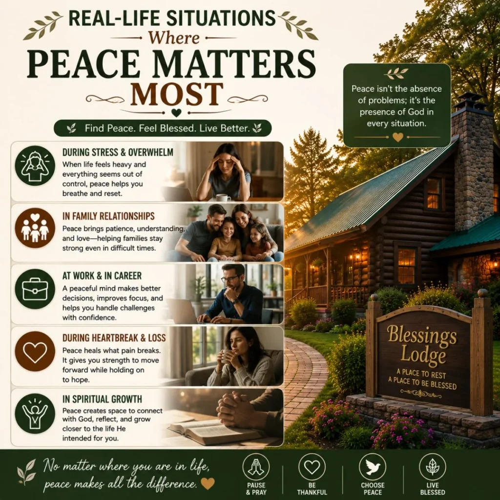 Real-life situations where peace matters most during stress, family life, work, loss, and spiritual growth