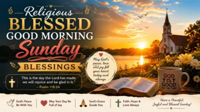 Religious blessed good morning Sunday blessings with sunrise, church, Bible, prayer, and peaceful inspirational message.