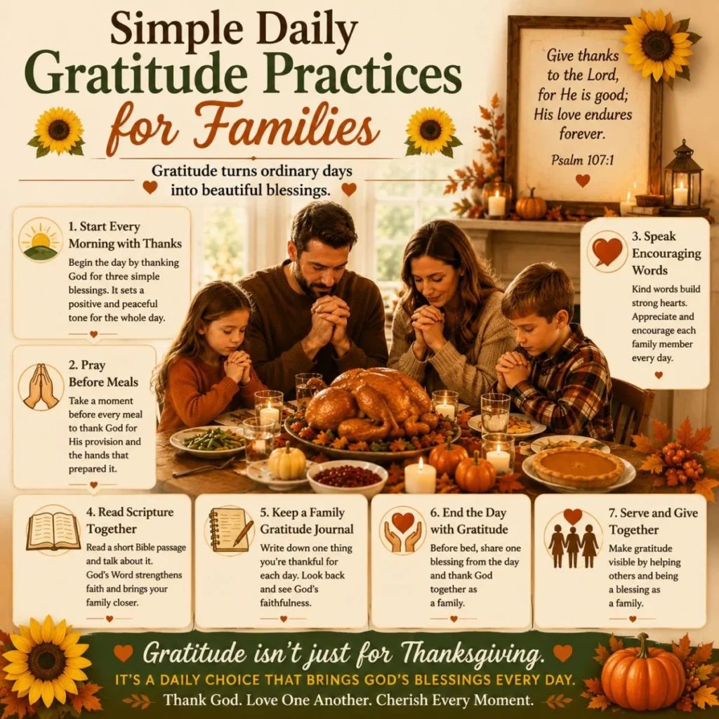 Family praying before Thanksgiving dinner while practicing daily gratitude, faith, and thankfulness together at home.