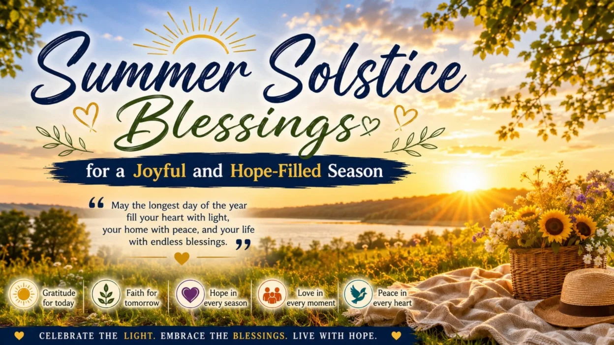 Summer solstice blessings with a peaceful sunrise, wildflowers, and a lakeside picnic celebrating hope, faith, and gratitude.