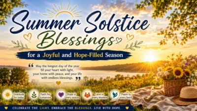Summer solstice blessings with a peaceful sunrise, wildflowers, and a lakeside picnic celebrating hope, faith, and gratitude.