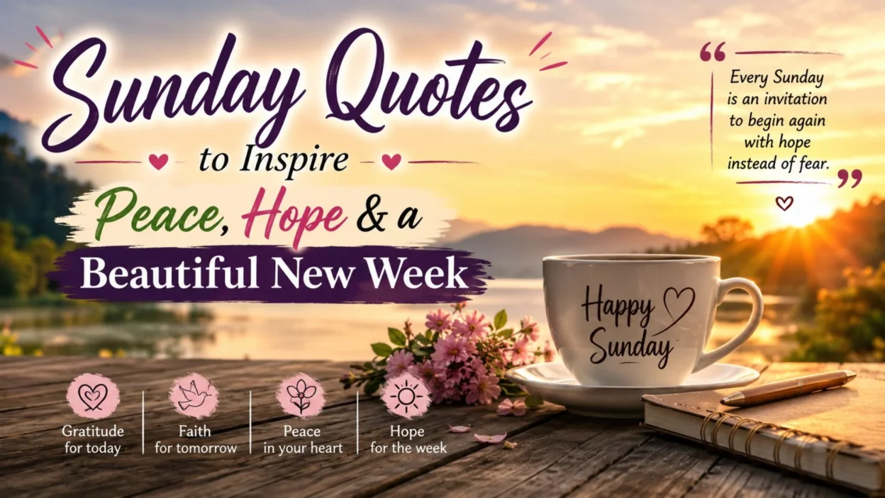 Peaceful Sunday sunrise with inspiring Sunday quotes, coffee, flowers, and a journal symbolizing hope, faith, and gratitude.