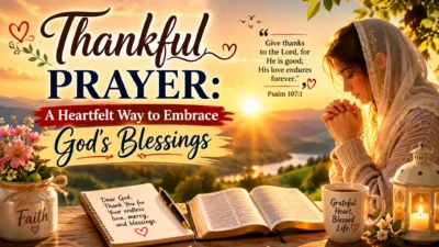 Woman praying at sunrise with Bible and thankful prayer message celebrating God's blessings and gratitude
