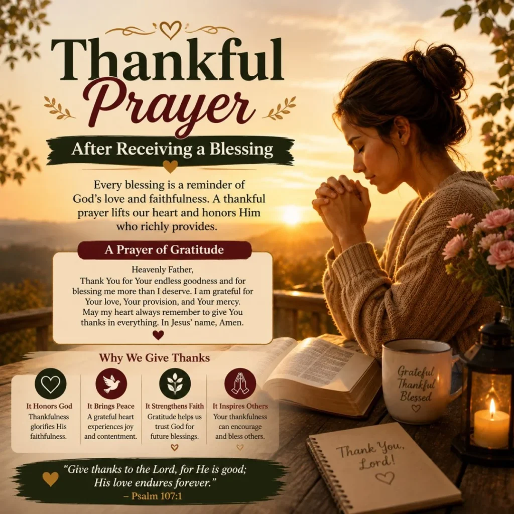Woman offering a thankful prayer after receiving God's blessing beside an open Bible at sunrise