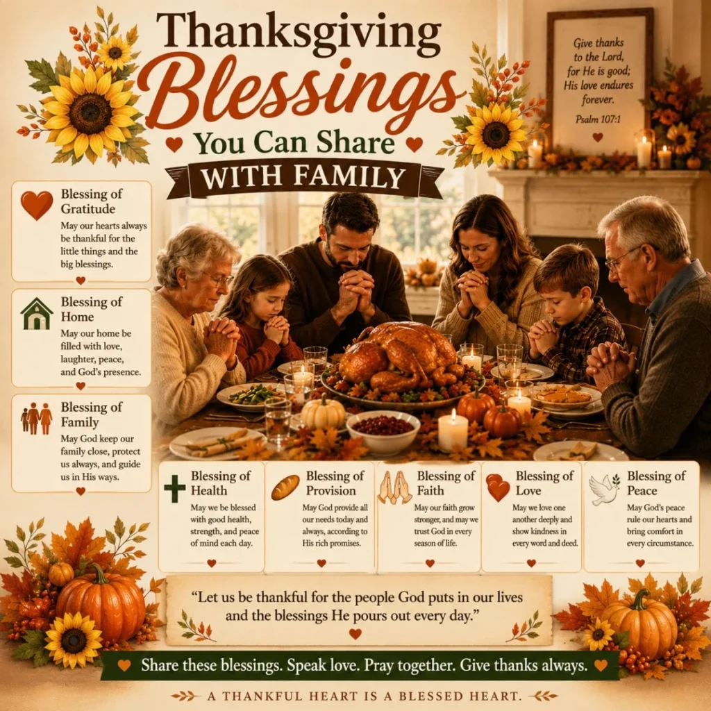 Family gathered in Thanksgiving prayer, sharing blessings, gratitude, faith, and love around a festive dinner table.